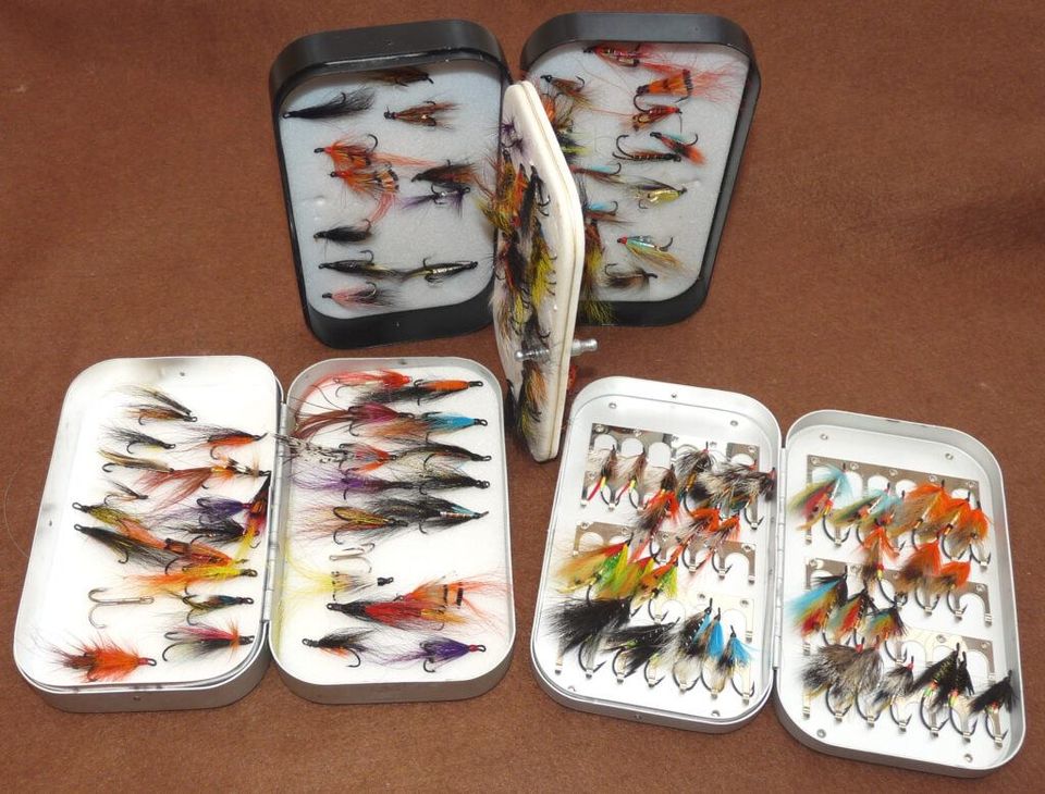 150 salmon flies single double & treble hook patterns in 3 Wheatley alloy fly boxes
