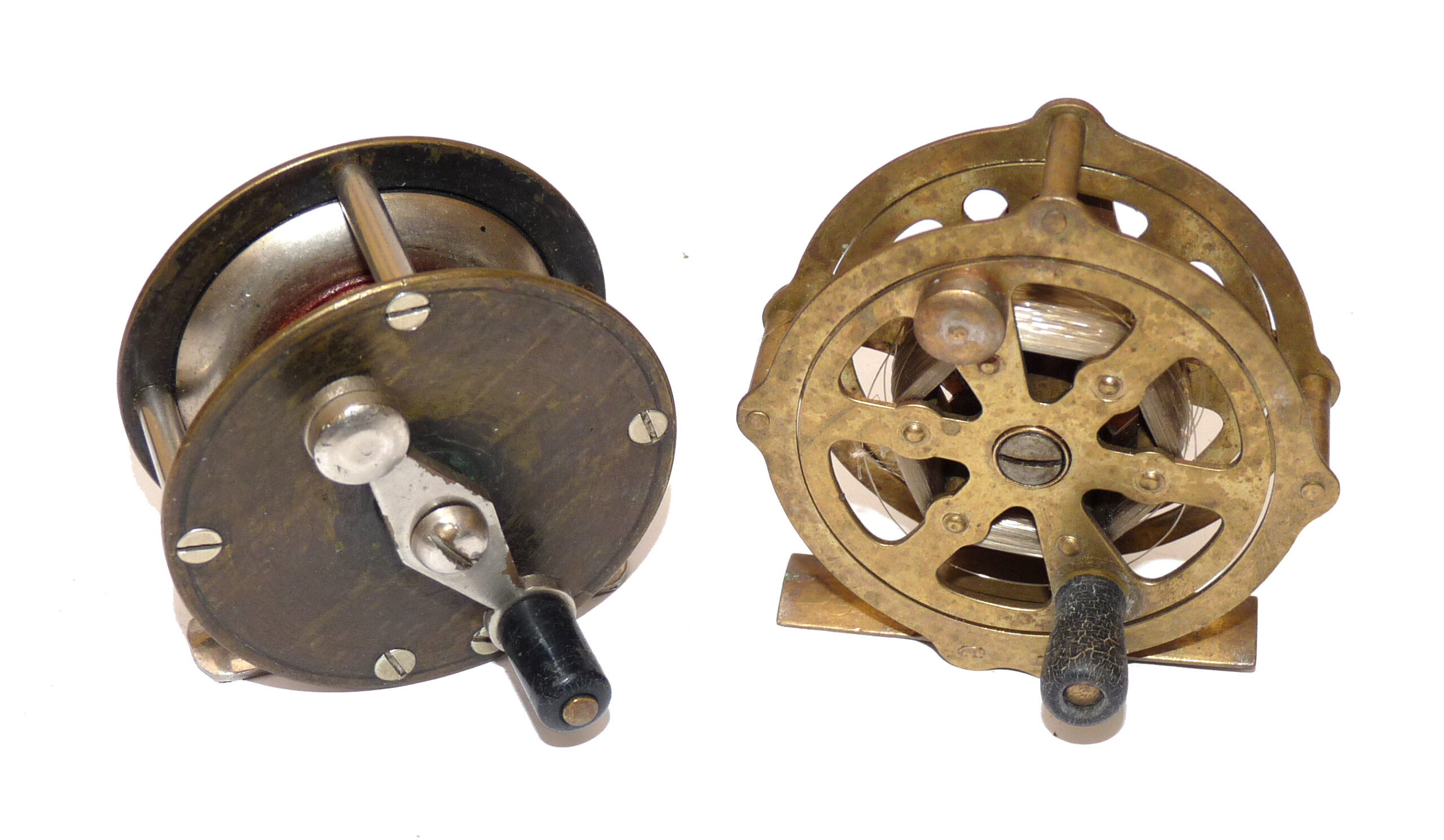 2 antique brass fly fishing reels c 1900, working ratchet check clickers. fish or collect