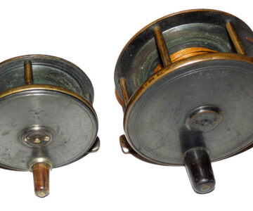 W. Garden Aberdeen 3.75" & trout 3" antique brass Birmingham fly reels