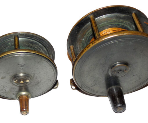 W. Garden Aberdeen 3.75" & trout 3" antique brass Birmingham fly reels