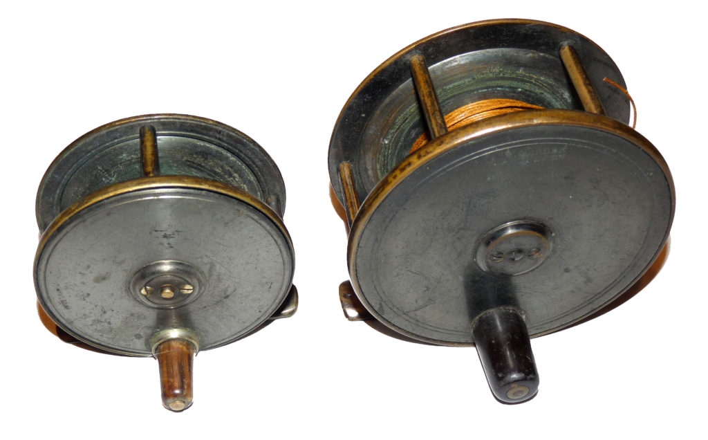 W. Garden Aberdeen 3.75" & trout 3" antique brass Birmingham fly reels