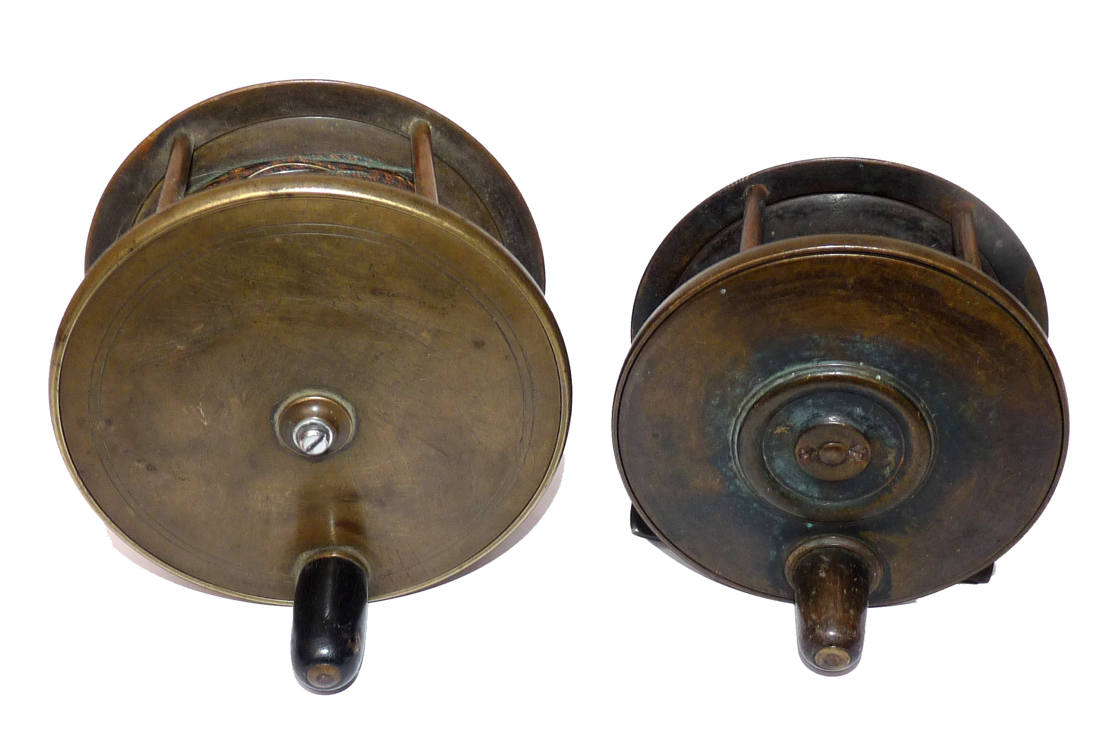 2 all brass antique salmon fly fishing reels to use or display, one Scottish?