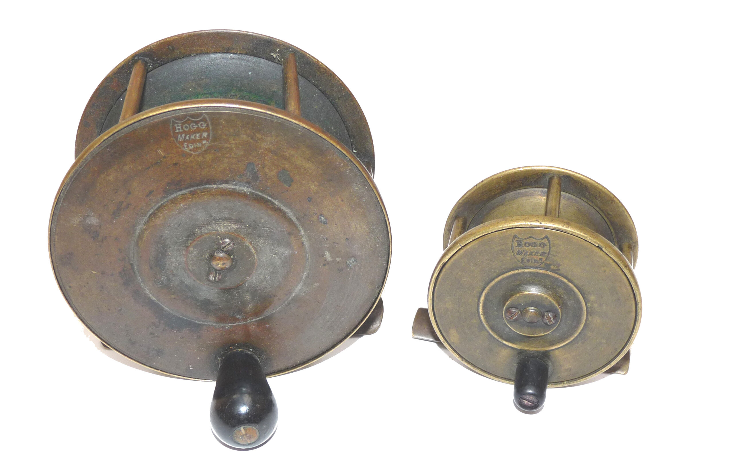 2 Hogg Maker antique Scottish brass salmon fly reels, 4" wide drum & 2.75" trout