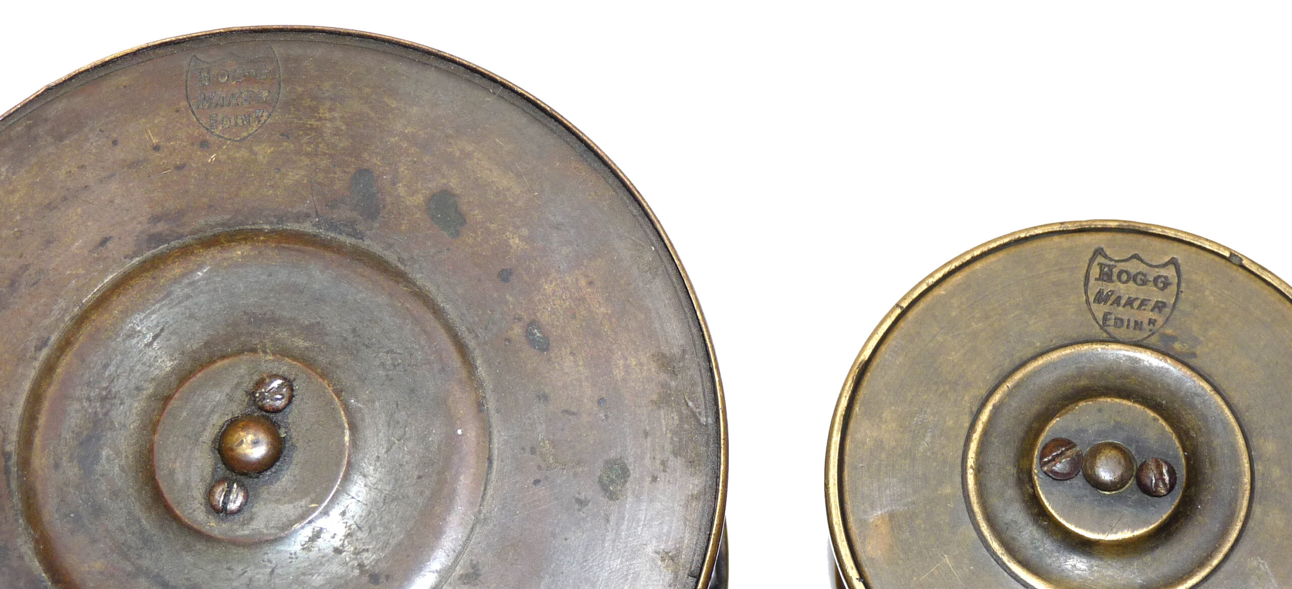 2 Hogg Maker antique Scottish brass salmon fly reels, 4" wide drum & 2.5" trout - Image 3