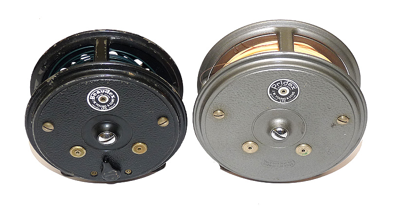 2 J W Young vintage salmon fly reels in best condition 4" grey Pridex 3.75" black Beaudex