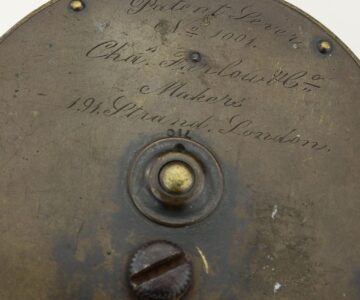 Alternative view of C. Farlow 4" brass patent lever salmon fly reel c1890