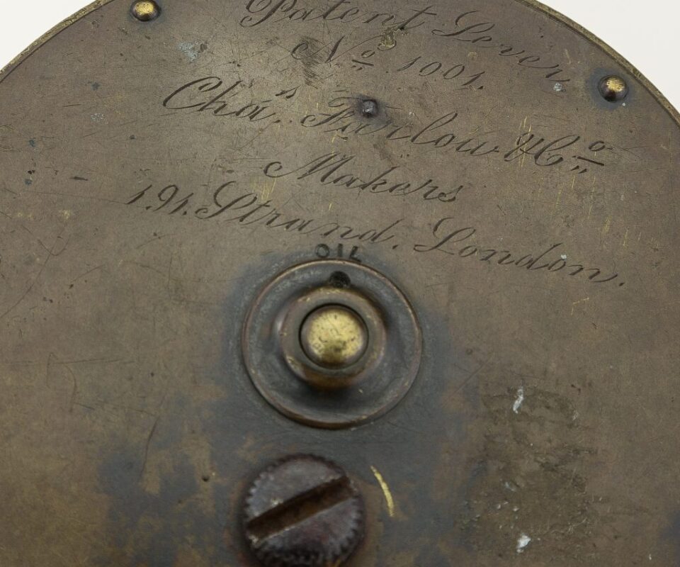 Alternative view of C. Farlow 4" brass patent lever salmon fly reel c1890