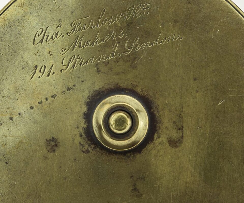 Alternative view of Chas Farlow & Co 3 3/4" brass platewind reel, fish logo