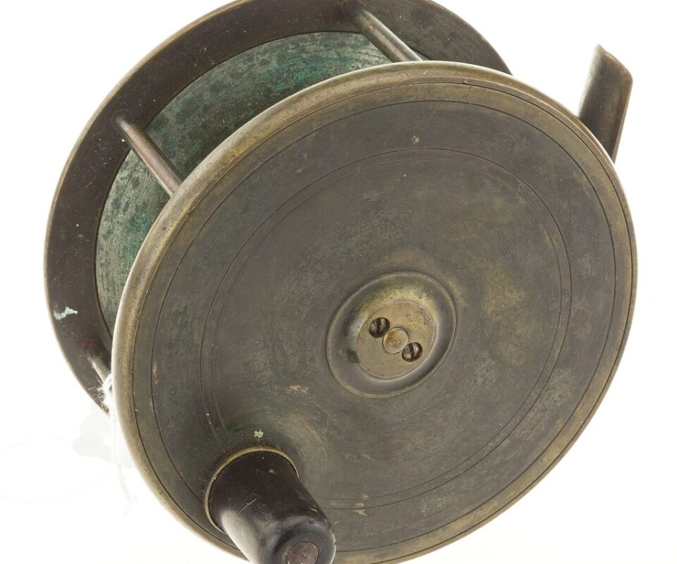 Alternative view of Malloch antique brass salmon fly reel c 1900 4.5"