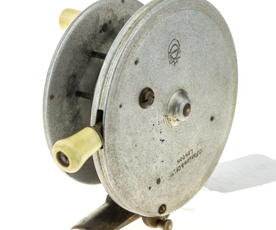 Alternative view of Farlow New Patent Spinning 4” alloy bait casting reel c 1915-20