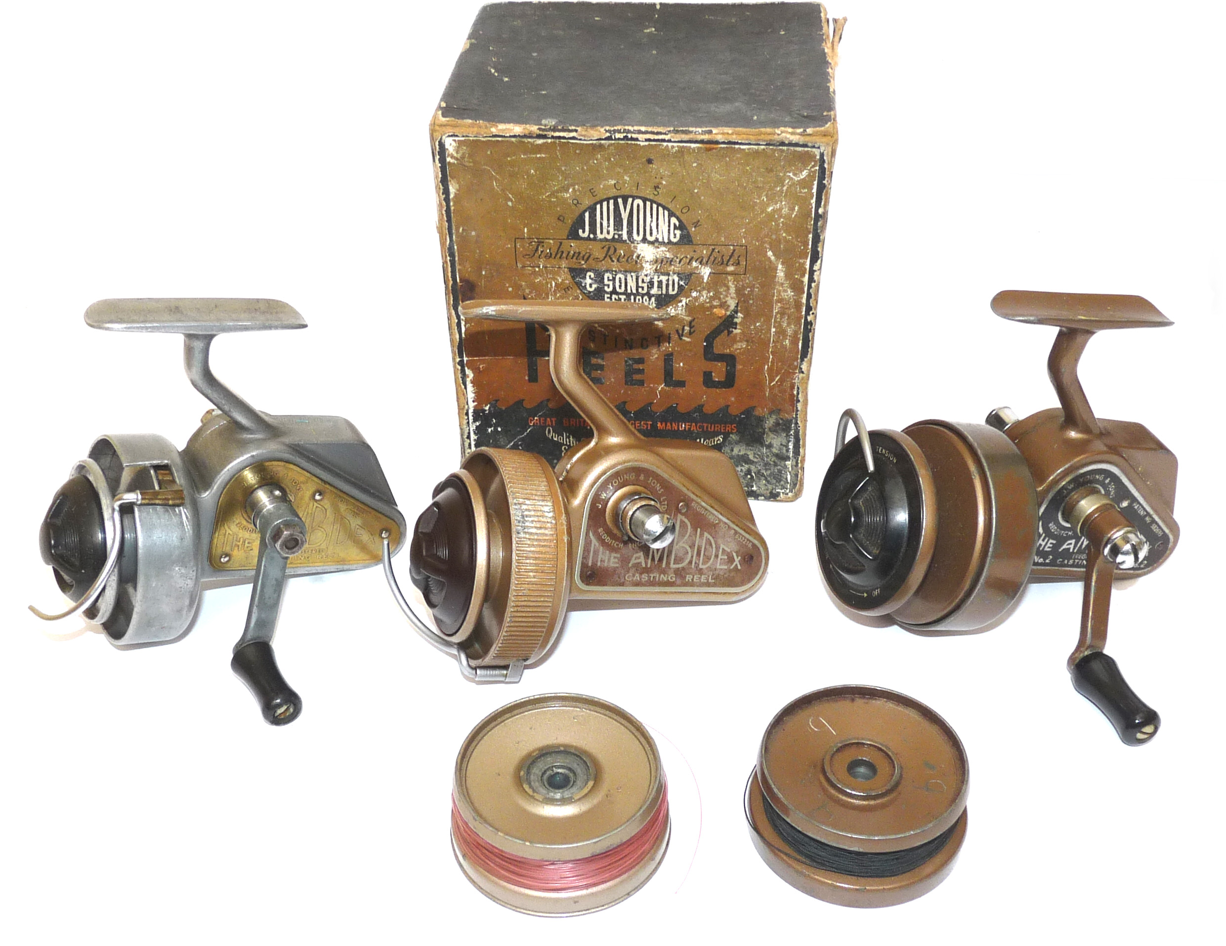 J W Young Ambidex reels x 3, boxed No1, No 2 + polished original fish or display