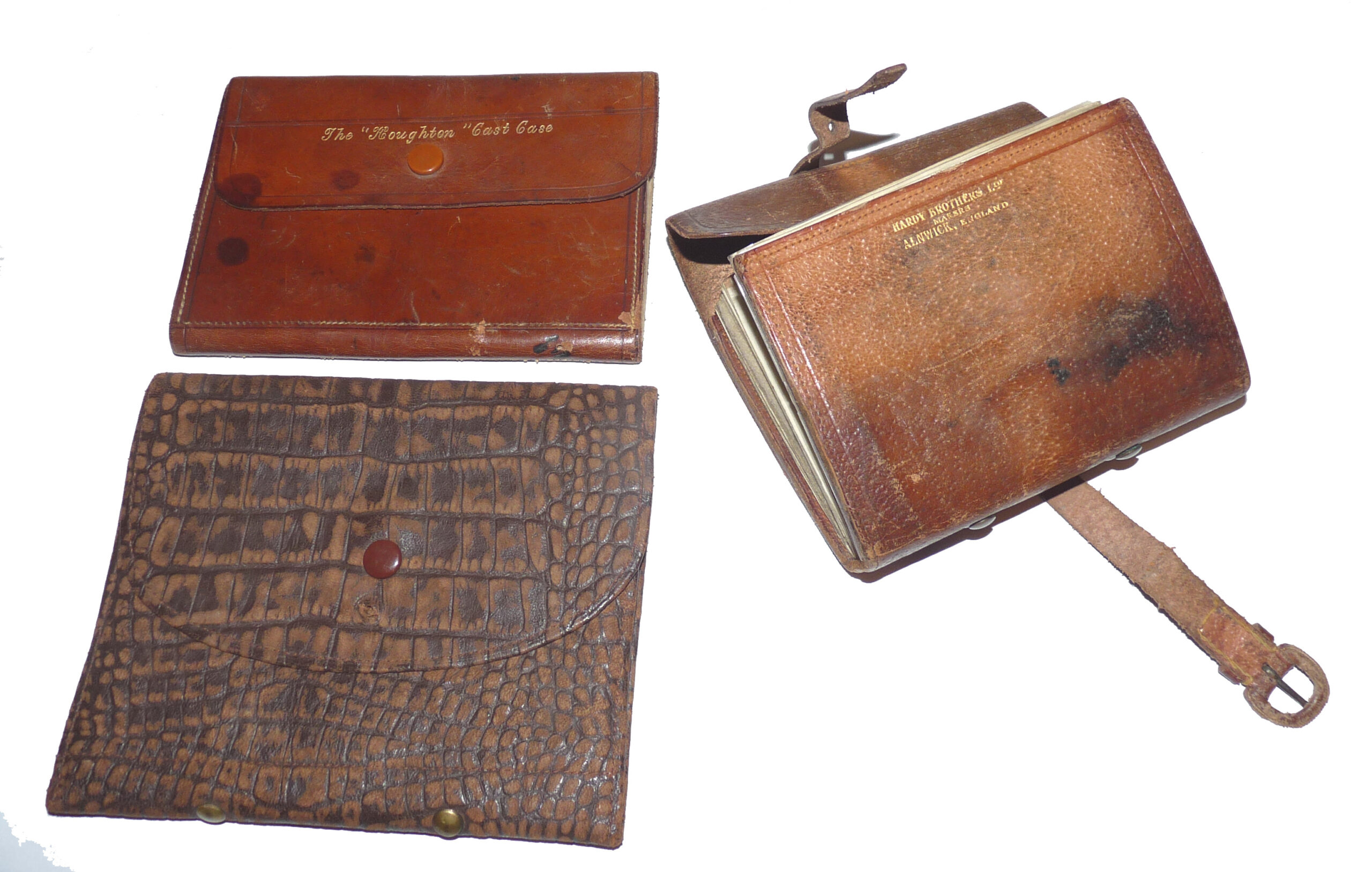Hardy The Houghton Cast Case, 3 antique wallets one marked “Capt. J.M. Rogers, Royal Dragoons”