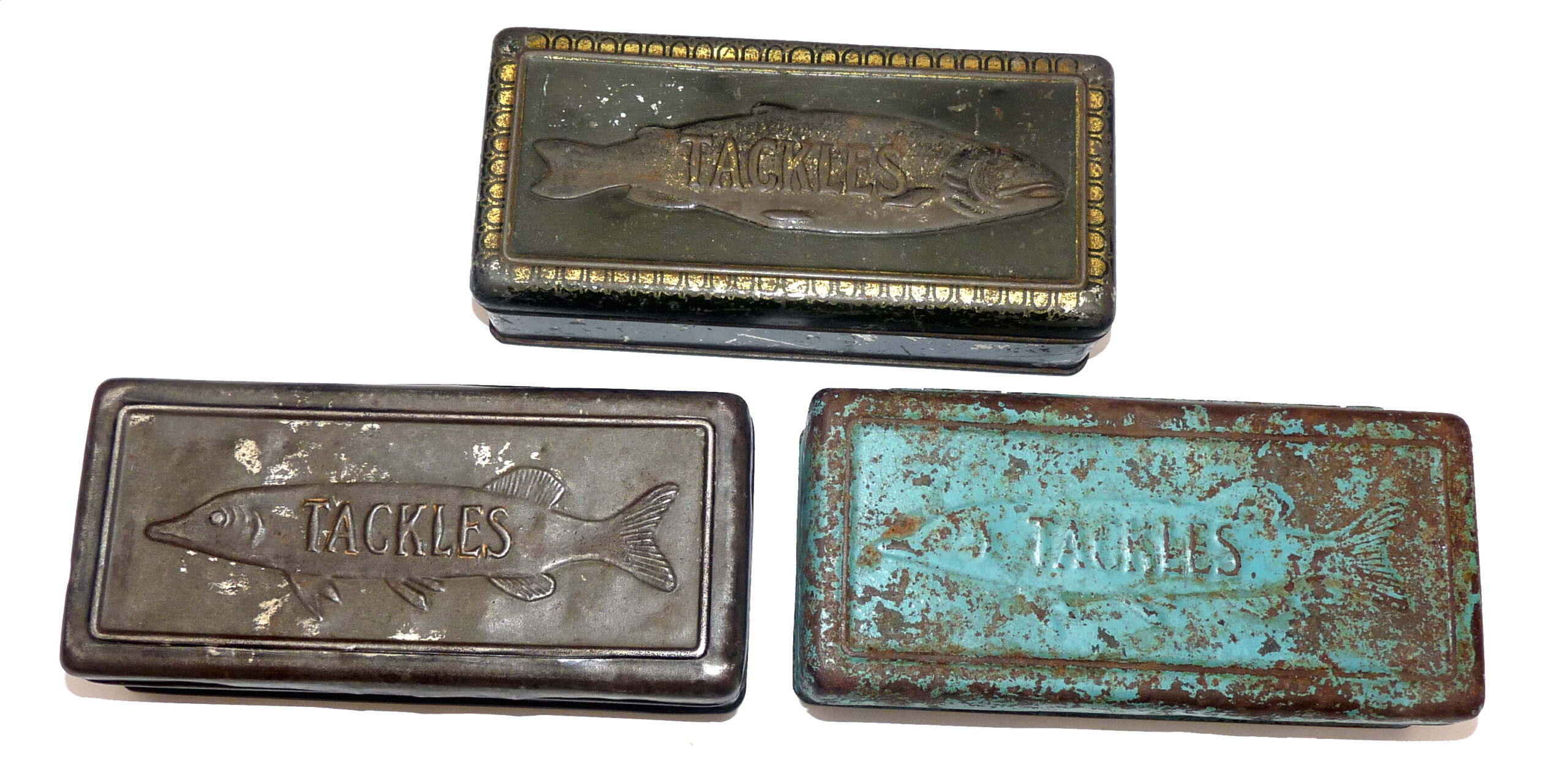 3 Milward Bartleet Tackles Tins antique Pike Salmon + floats lures c1900