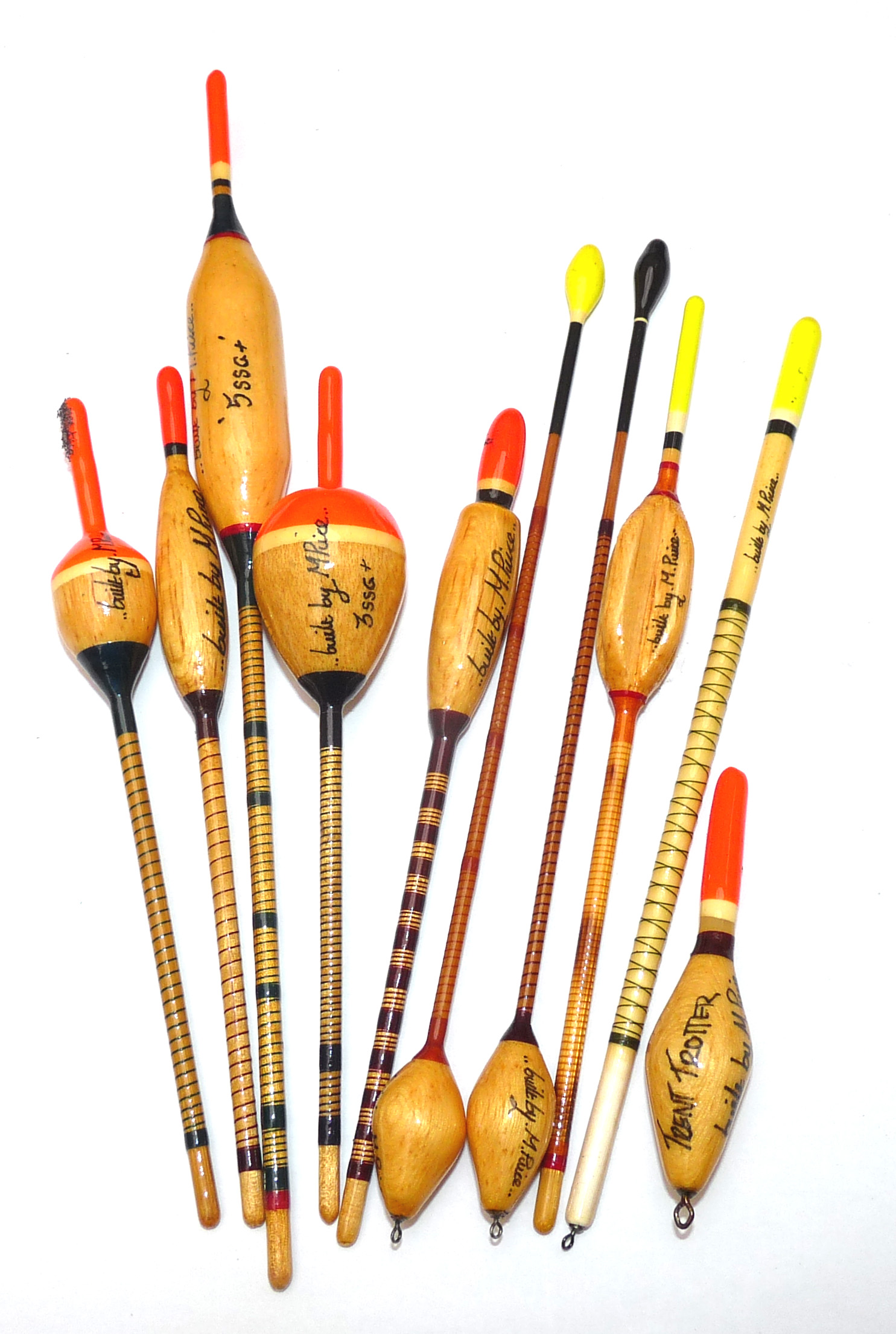 10 Mark Price hand made coarse fishing floats dated 2003 Avon chub barbel 5SSG Trent Trotter Lot 5