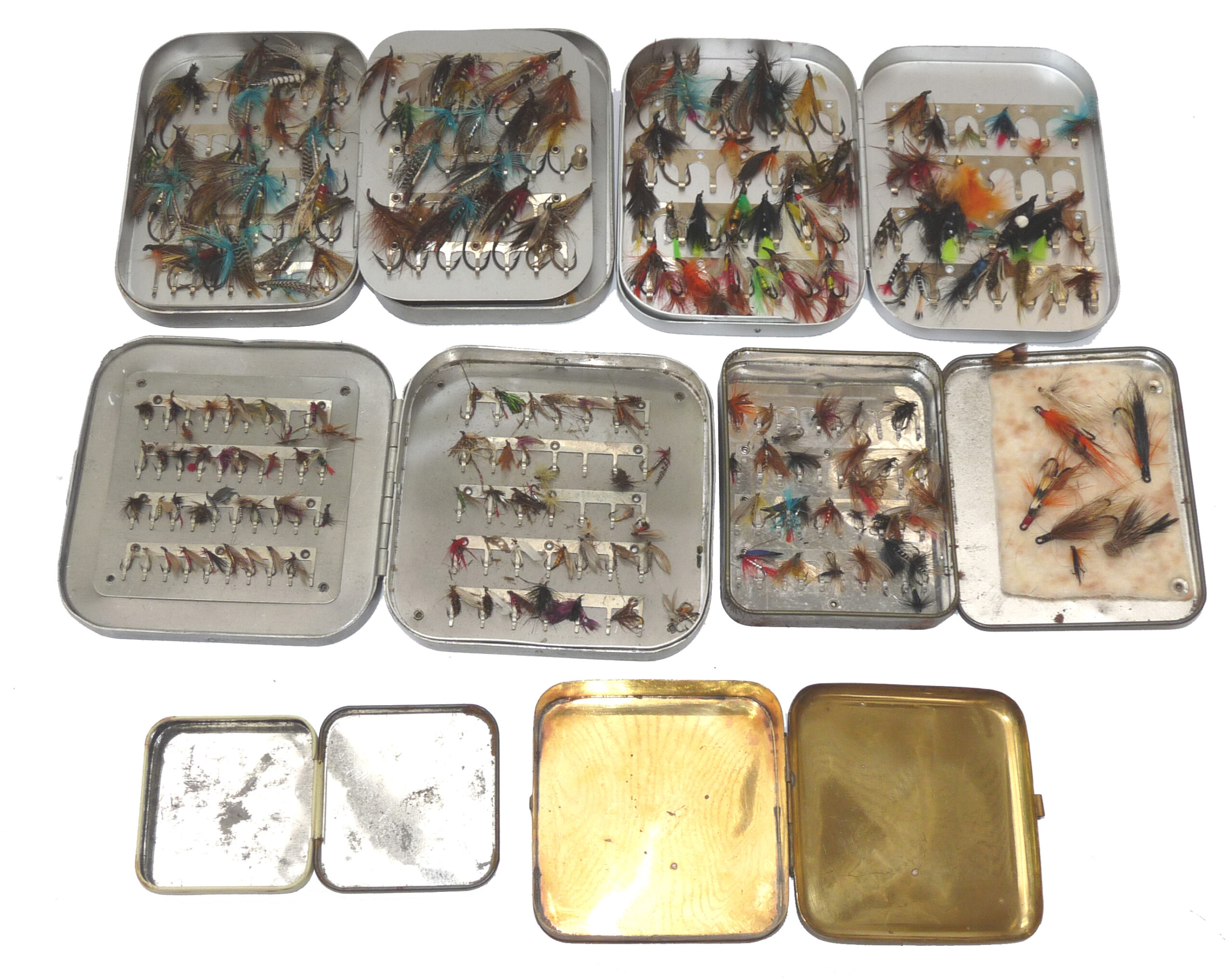 6 Wheatley + other vintage pocket fly boxes, salmon, sea trout + trout flies + Loch Leven box