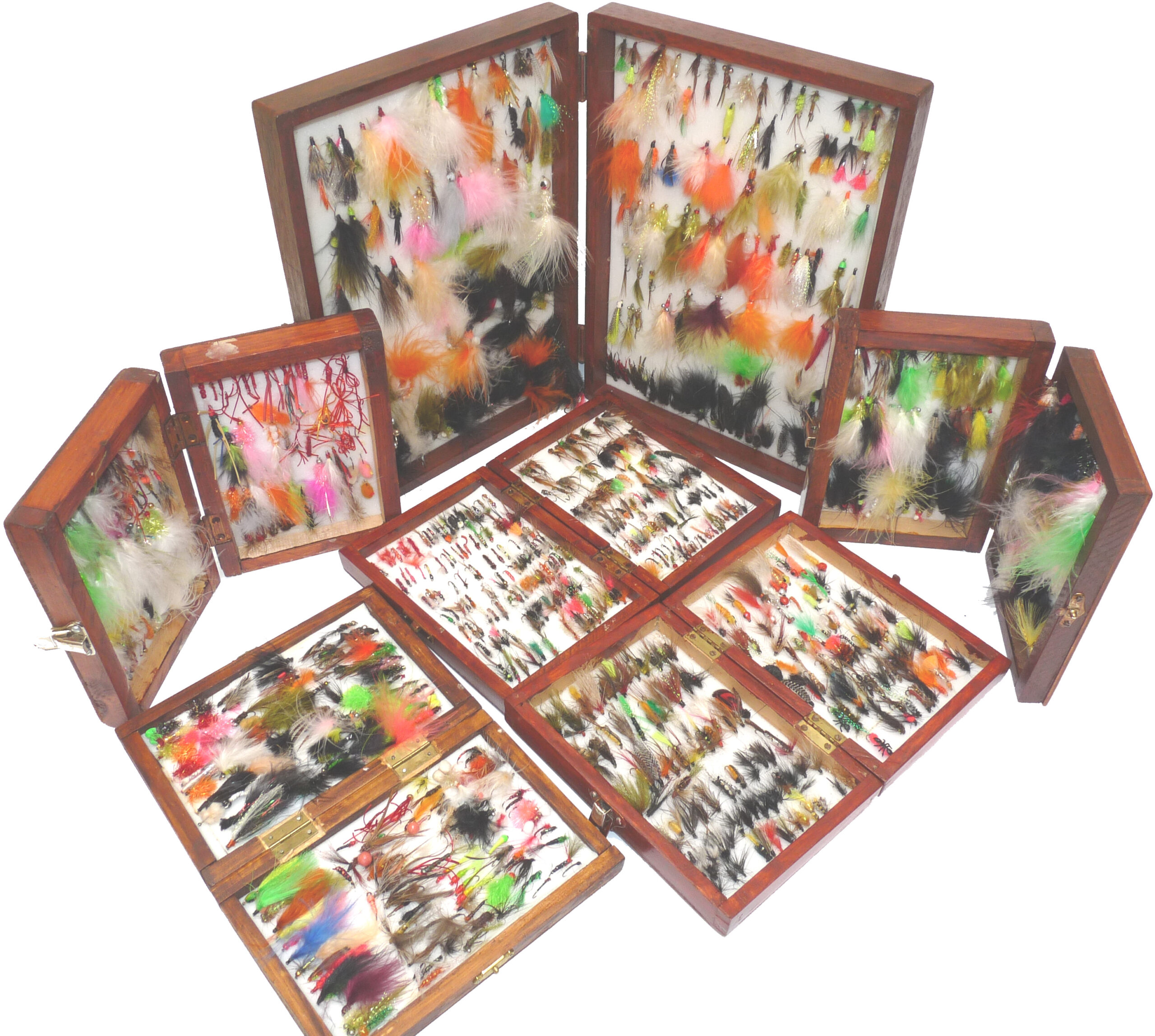 6 wood pocket fly fishing boxes holding hundreds 100's trout grayling sea trout flies lures