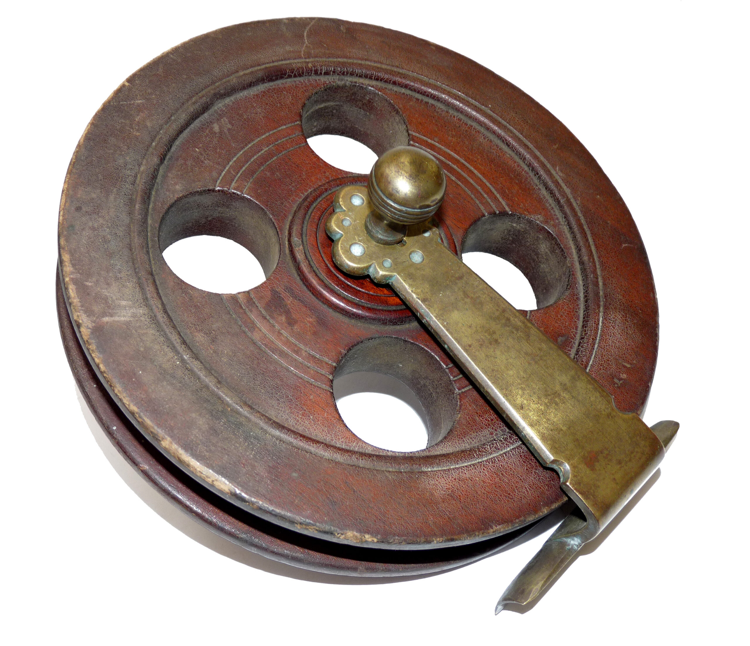 Scarborough 8" wood and brass antique sea fishing reel with unusual brass fittings and handles c1900-20