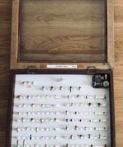 Alternative view of Musical presentation box of 72 fishing flies and insects tied by 'Choro' to display