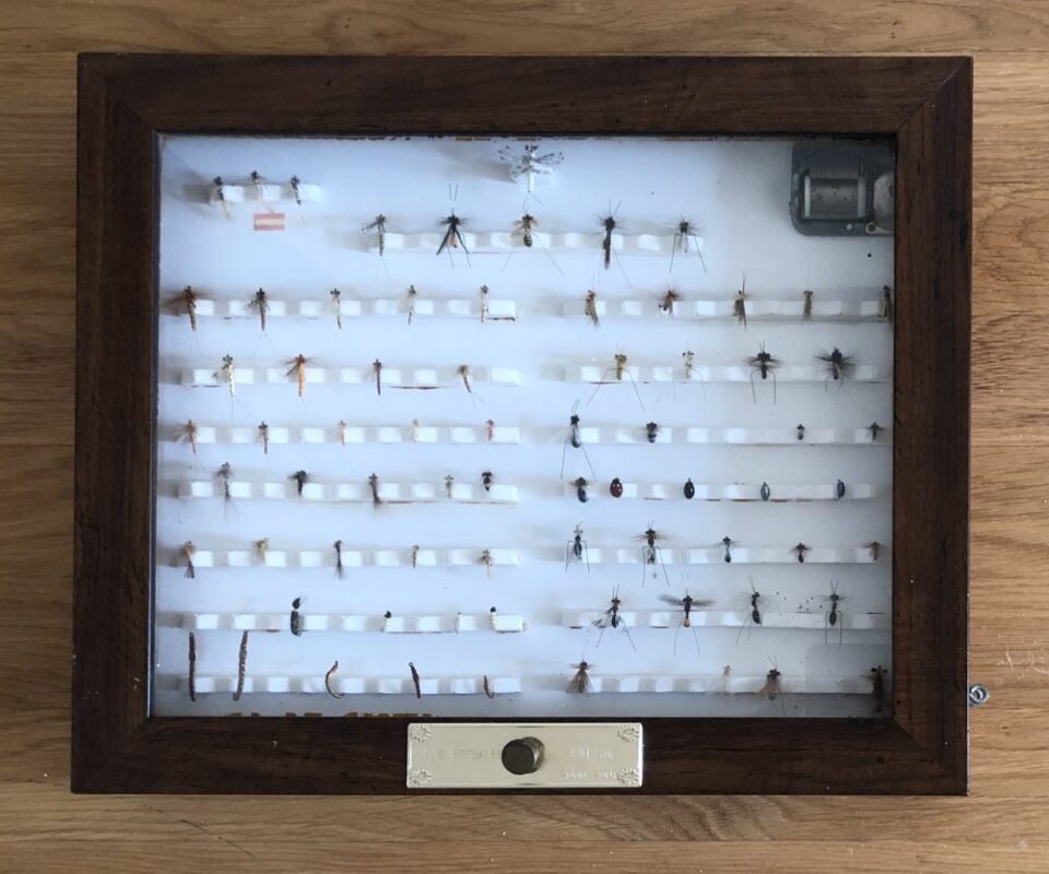 Musical presentation box of 72 fishing flies and insects tied by 'Choro' to display
