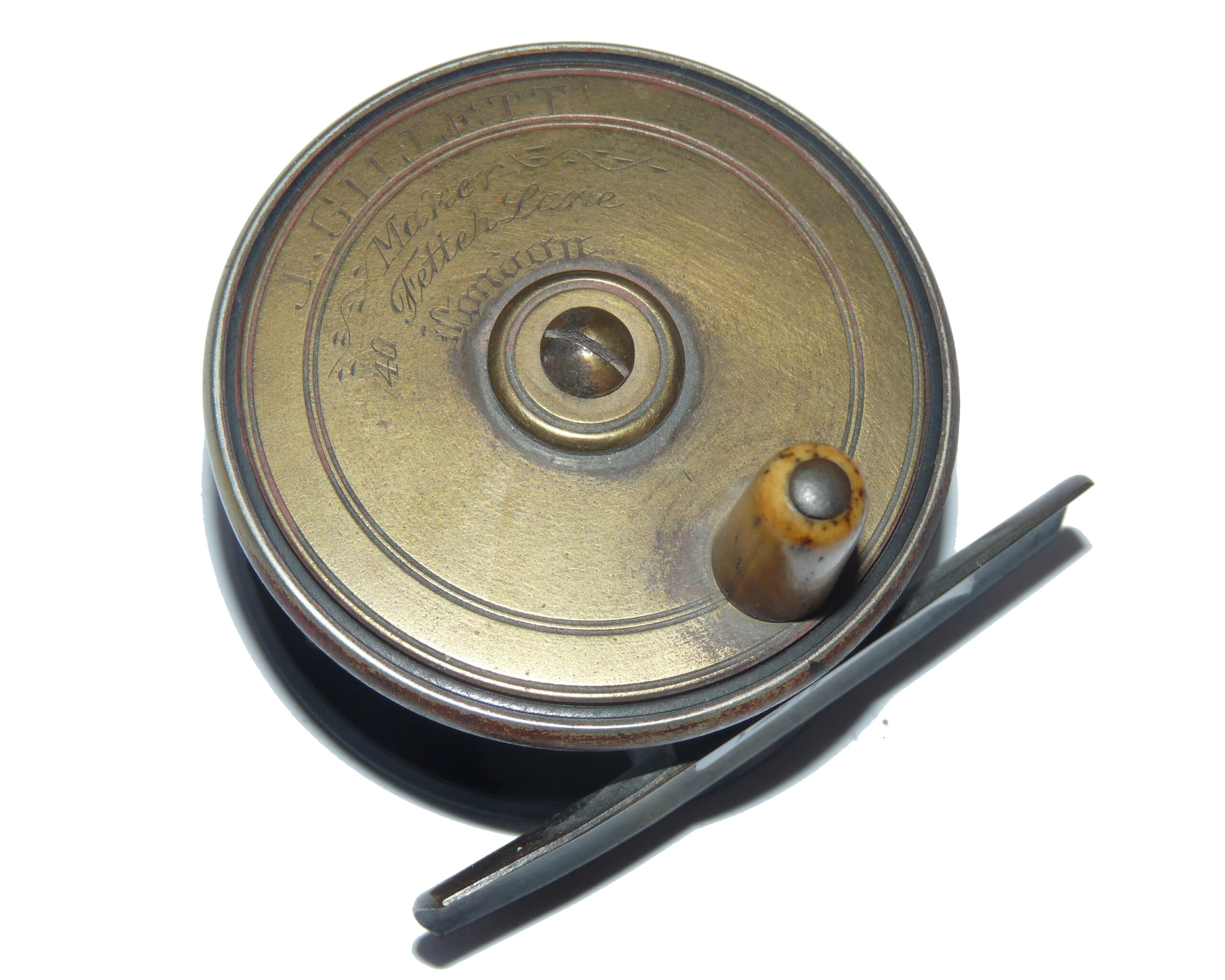 Antique J Gillett, London 2 1/2” ebonite and brass plate wind reel - Image 4