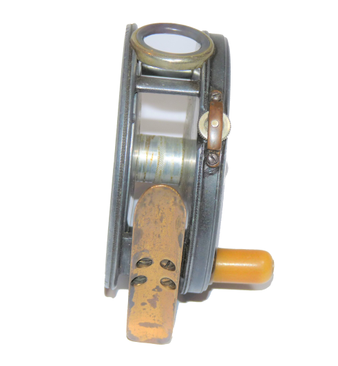 Hardy Perfect 3 1/8" antique Trout Fly Reel 1905 check. white handle RHW + line guide - Image 3