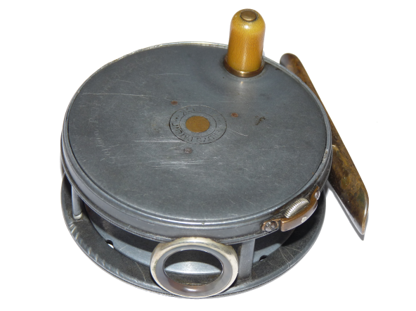 Hardy Perfect 3 1/8" antique Trout Fly Reel 1905 check. white handle RHW + line guide