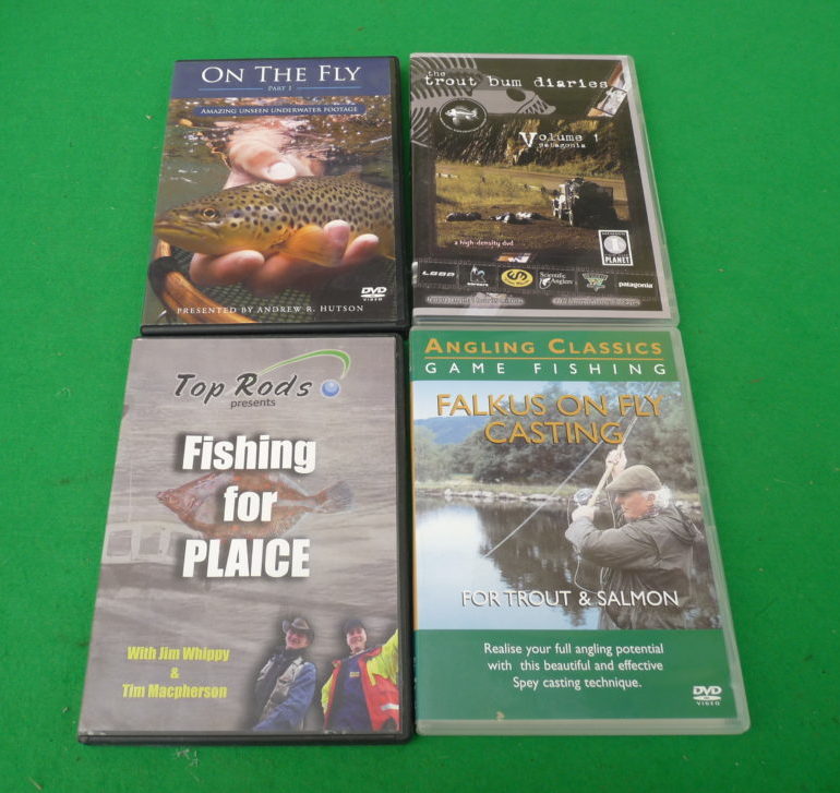 4 Fishing DVDs  On The Fly part 1, Fishing for Plaice, Falkus on Fly Casting and The Trout Bum Diaries
