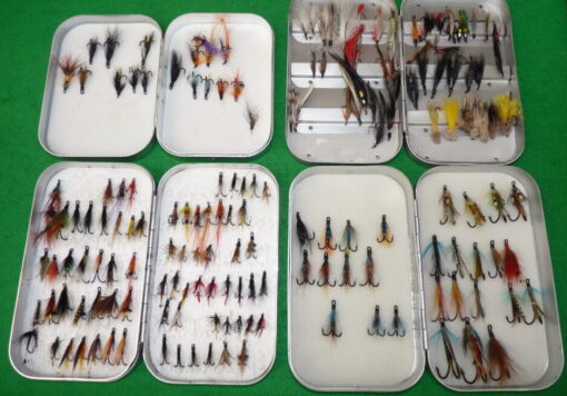 Wheatley alloy fly boxes x 4 containing a good collection of salmon flies, Hairwing, Muddler