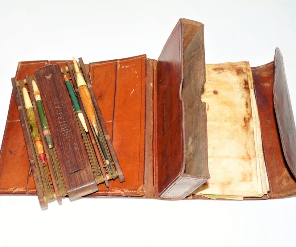 Vintage leather fishing wallet compartment + hook winder / floats