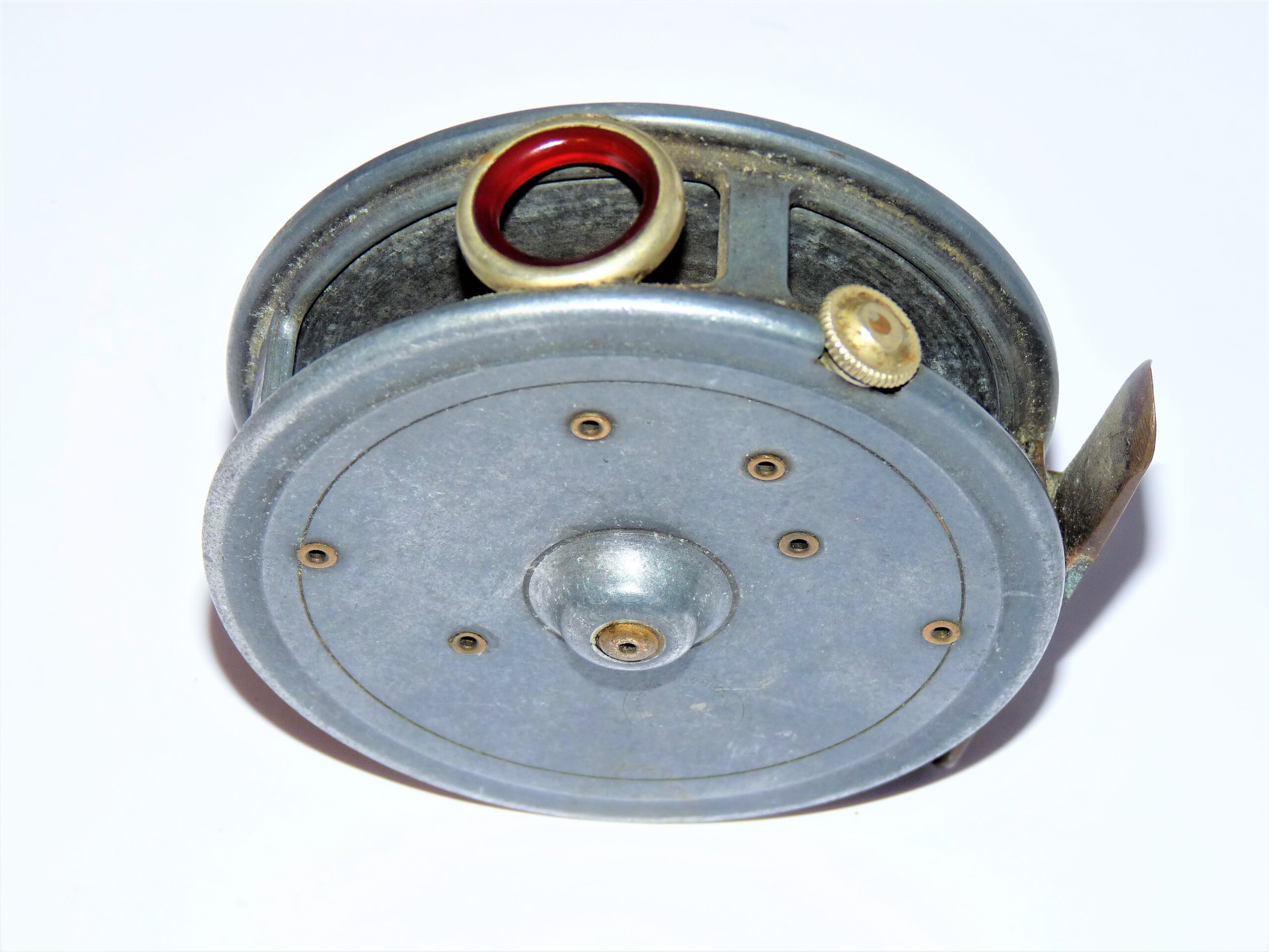 J W Young 14A 3.5" vintage fishing reel with red agate line guard