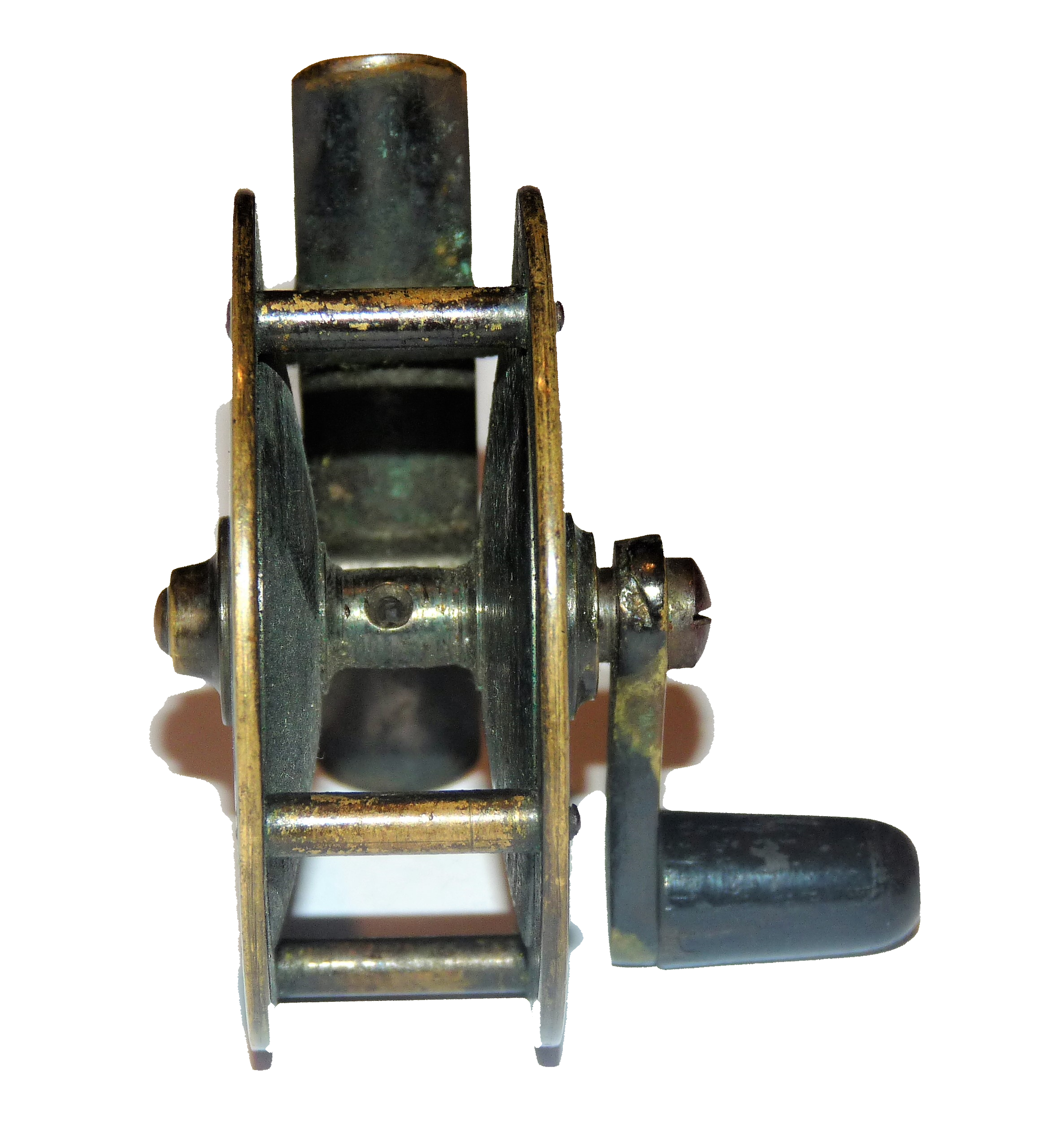 Hardy 2.5" all brass crank wind reel with rod in hand - Image 2