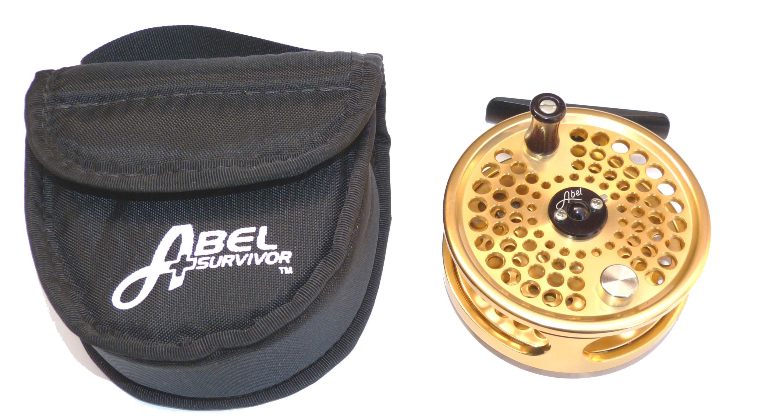 Abel USA alloy trout fly reel in gold finish with padded Abel reel case