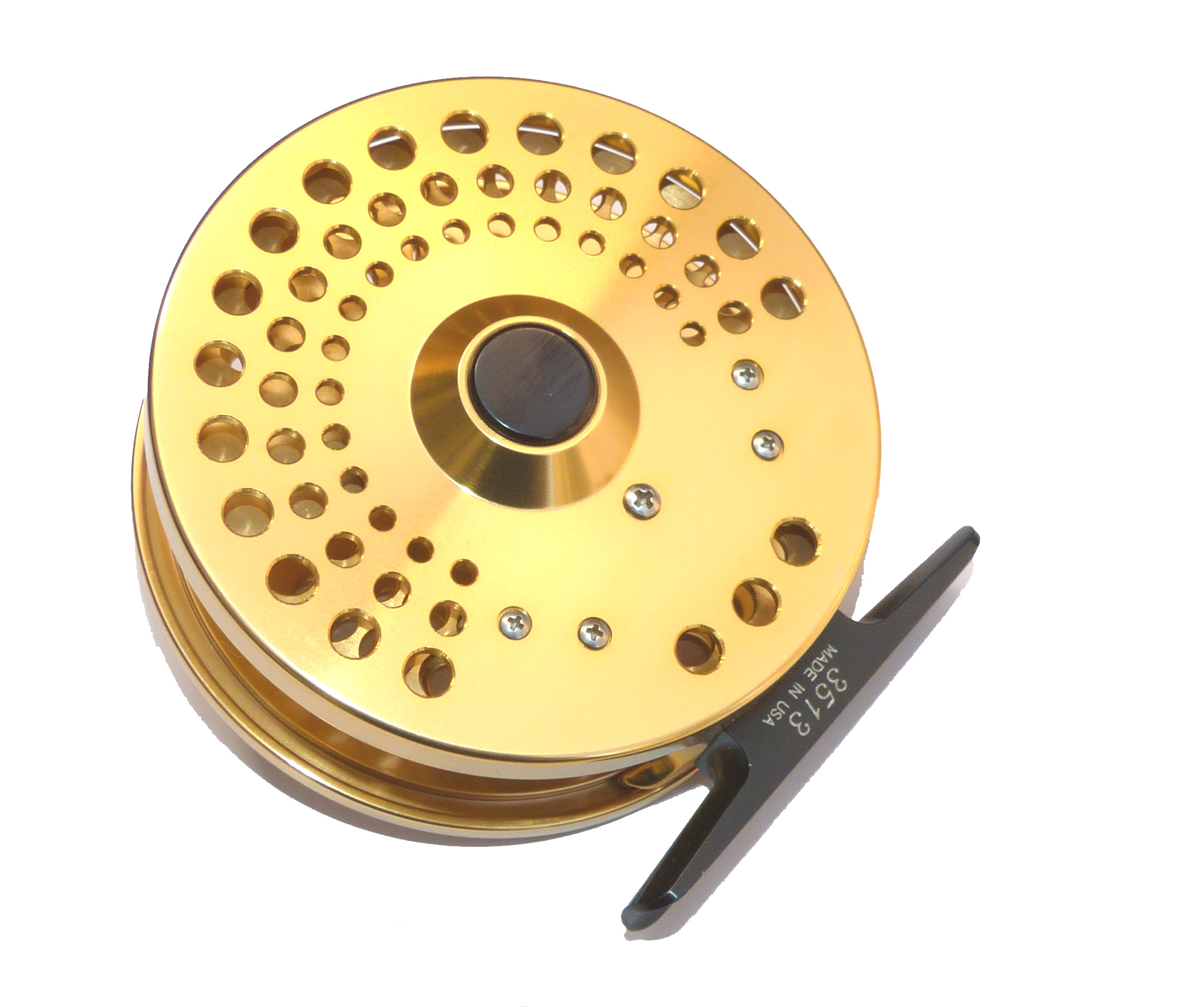 Abel USA alloy trout fly reel in gold finish with padded Abel reel case - Image 3