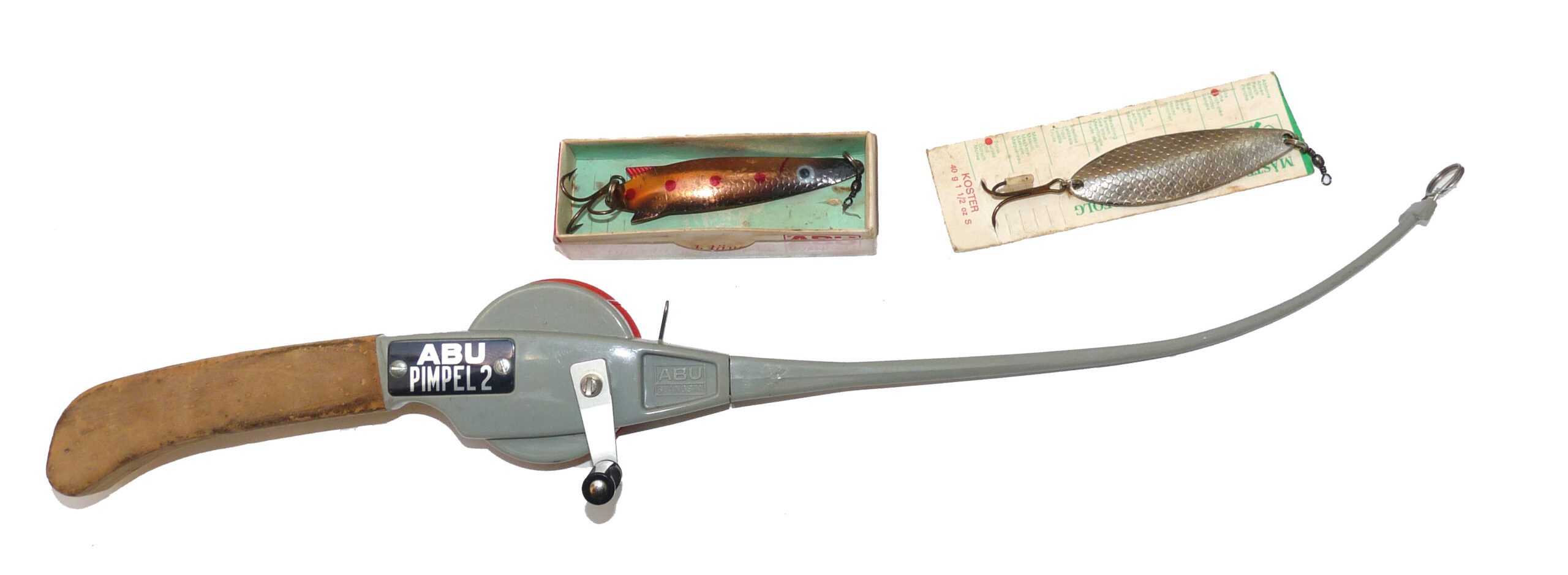 Abu Pimpel 2 Swedish vintage ice fishing combo + 2 Abu lures, use or collect, this is great