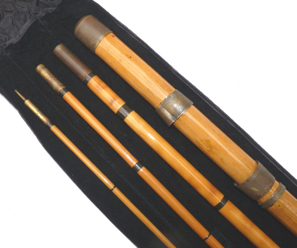 Alternative view of Spanish reed & bamboo float rod, 14’ 4 piece general rod, dates c1920’s, fish or display