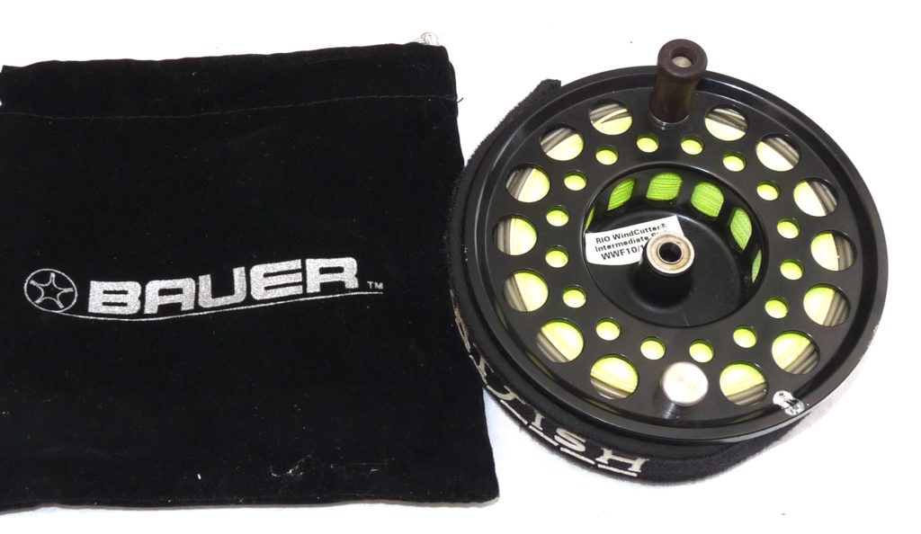 Bauer M7 USA large arbour black finish fly reel spool with Rio Windcutter wwf 10/11/12 & drawstring case
