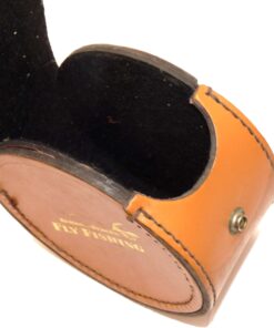 Benson & Hedges circular block leather Fly reel case with gilt text to side panel