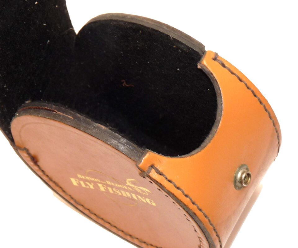 Benson & Hedges circular block leather Fly reel case with gilt text to side panel