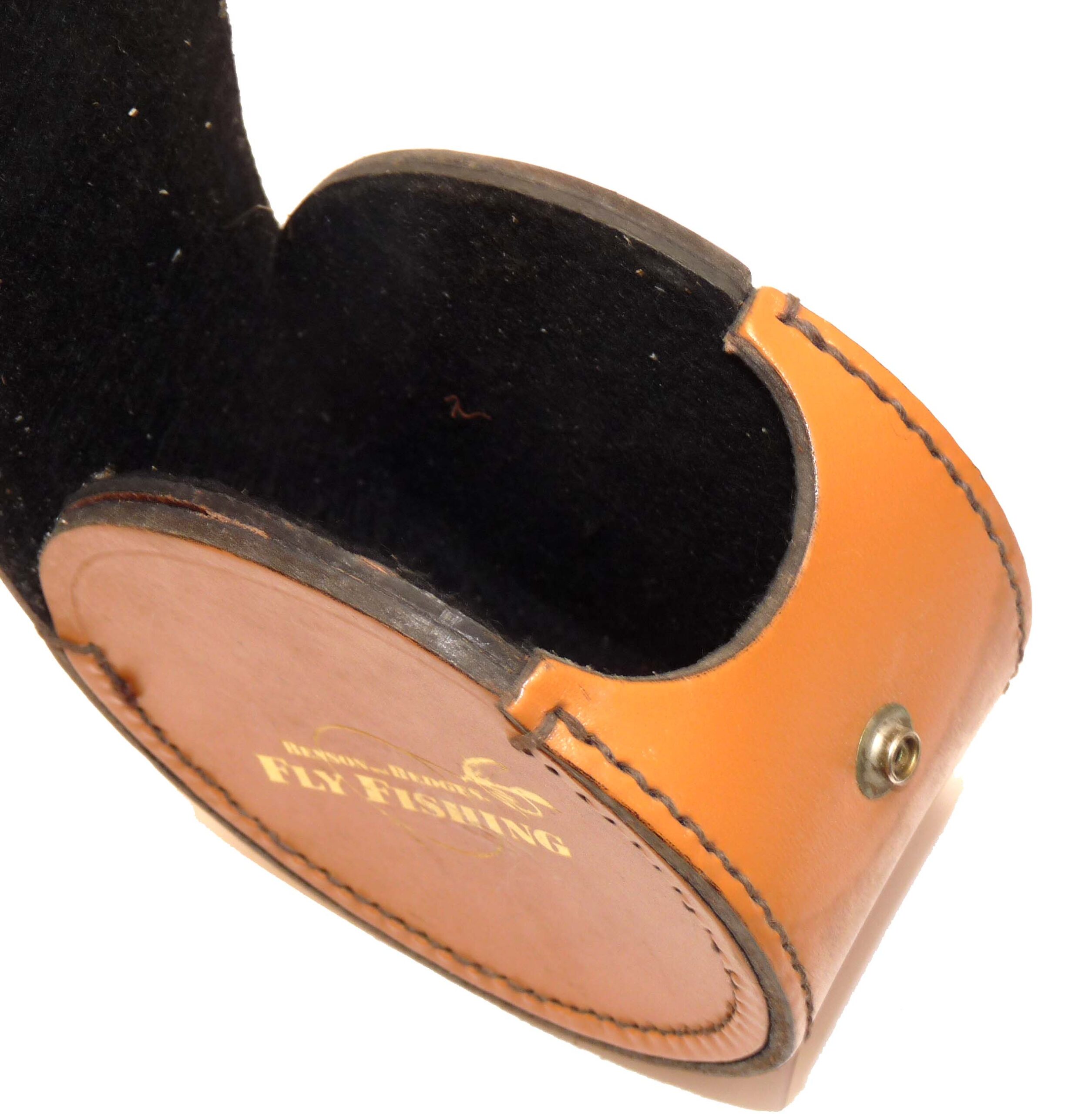 Benson & Hedges circular block leather Fly reel case with gilt text to side panel