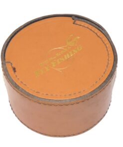 Alternative view of Benson & Hedges circular block leather Fly reel case with gilt text to side panel