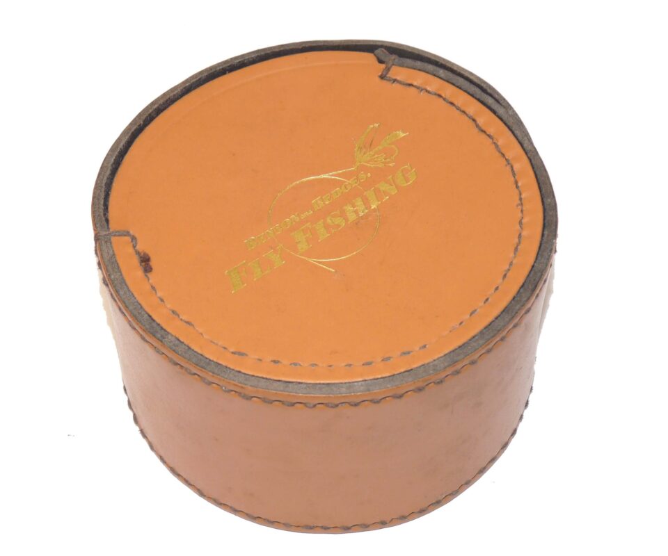 Alternative view of Benson & Hedges circular block leather Fly reel case with gilt text to side panel