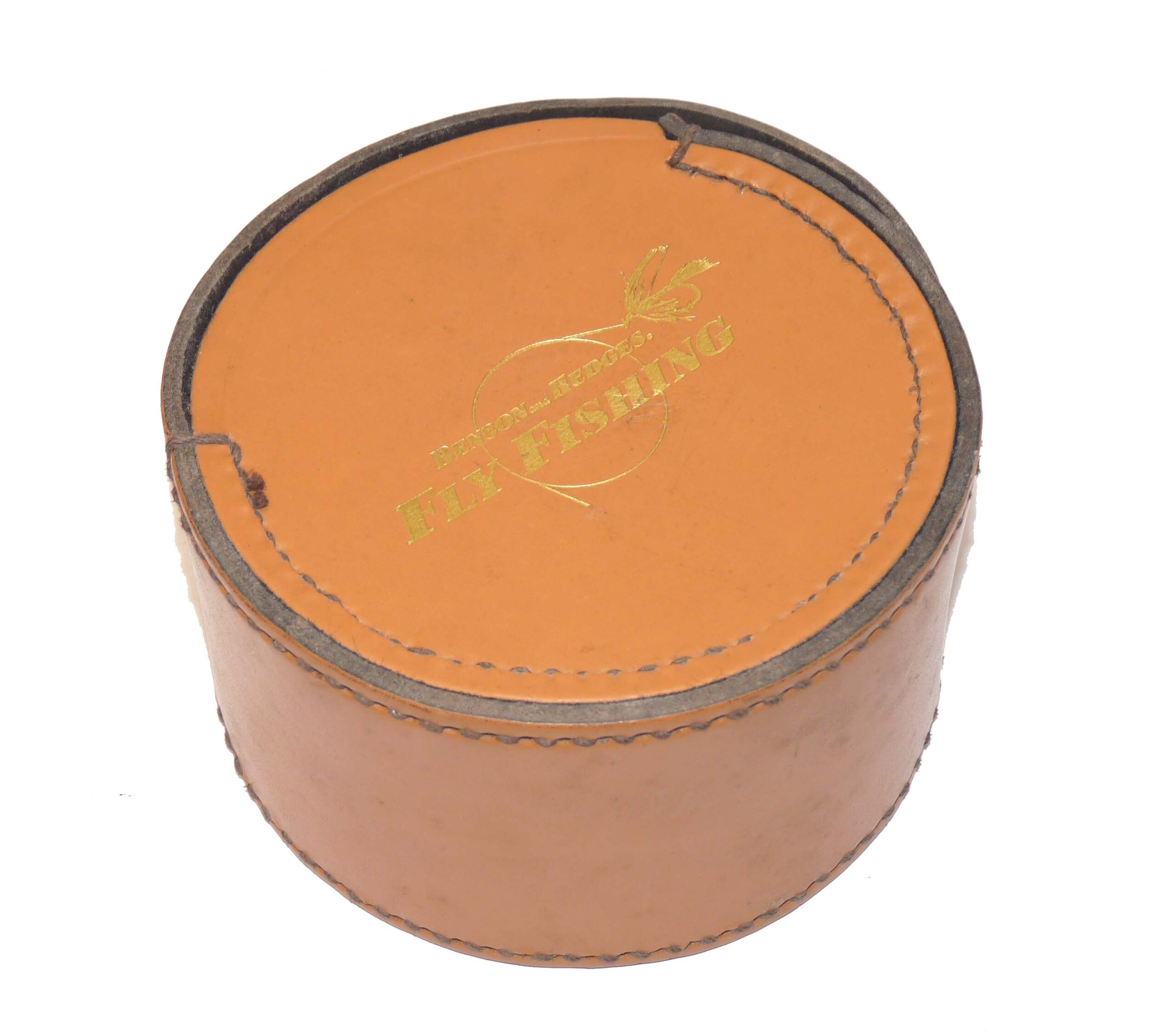 Benson & Hedges circular block leather Fly reel case with gilt text to side panel - Image 2