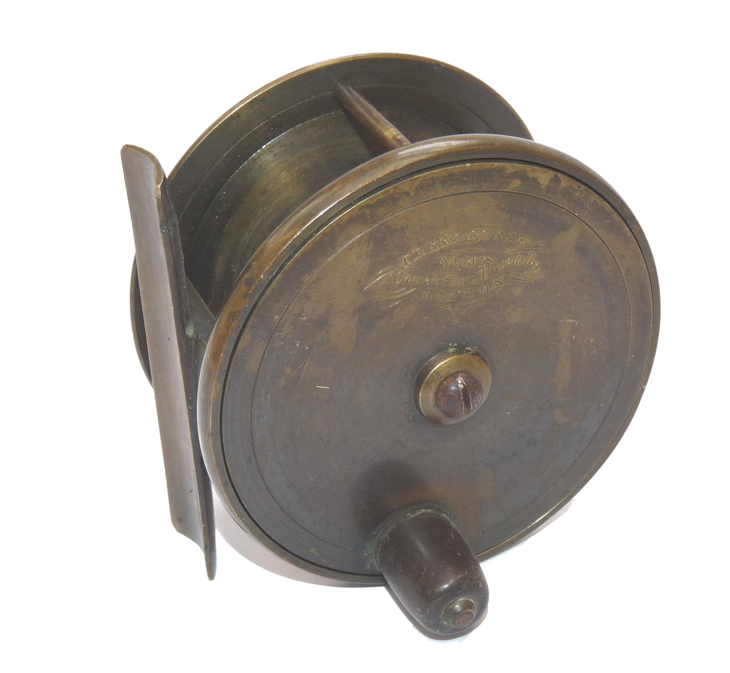 J Bernard Maker, Church Place Picadilly 3.25" brass Birmingham fly reel c 1890
