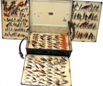 C Farlow black japanned fly box & flies Sir Malcolm McAlpine