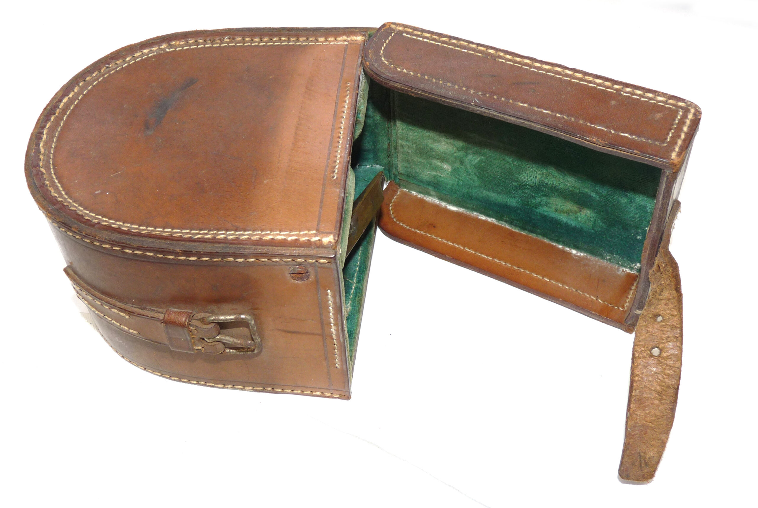 antique D shaped block leather reel case for Perfect Dingley + other fly reels