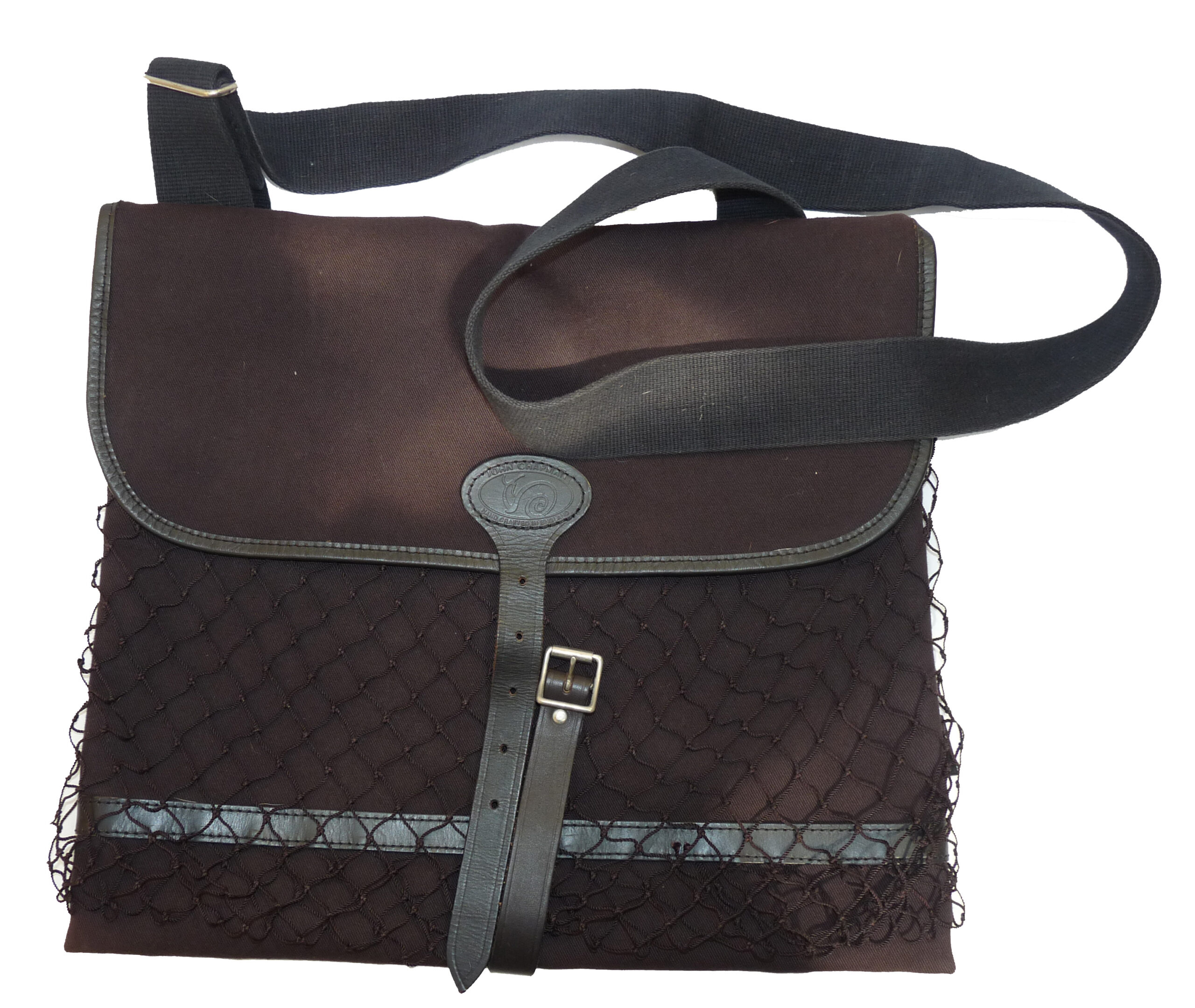 John Chapman England canvas and leather game fishing or travel bag in black, unused since purchase