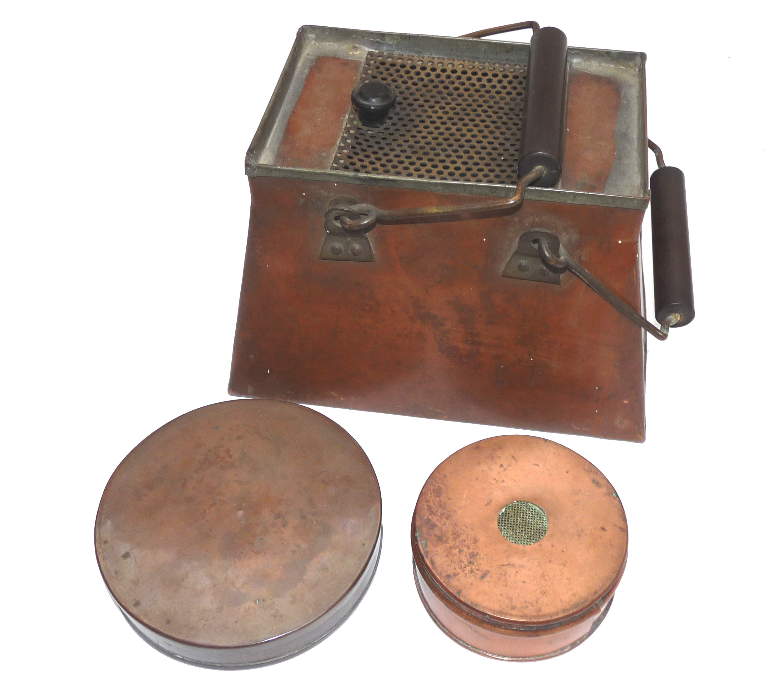Antique copper bait bucket/kettle + 2 copper cast carriers