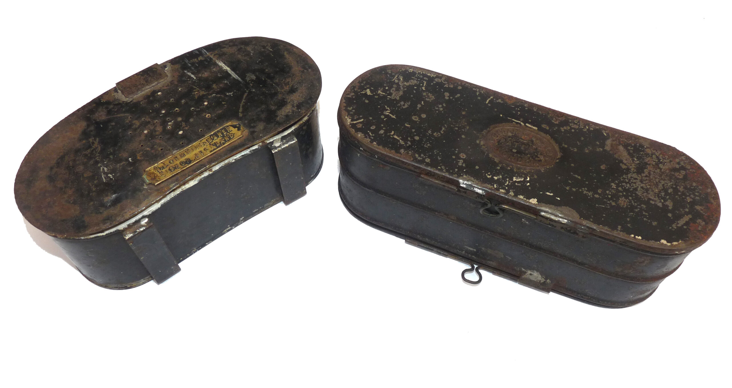 W.J Cummins Maker, Bishop Auckland antique belt fitting bait box + 1 other