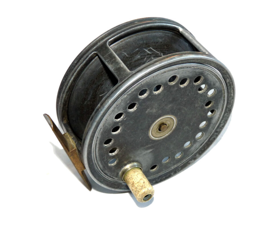 Farlow 4.25” wide drum alloy salmon fly reel with offset pin drum release c1925-30
