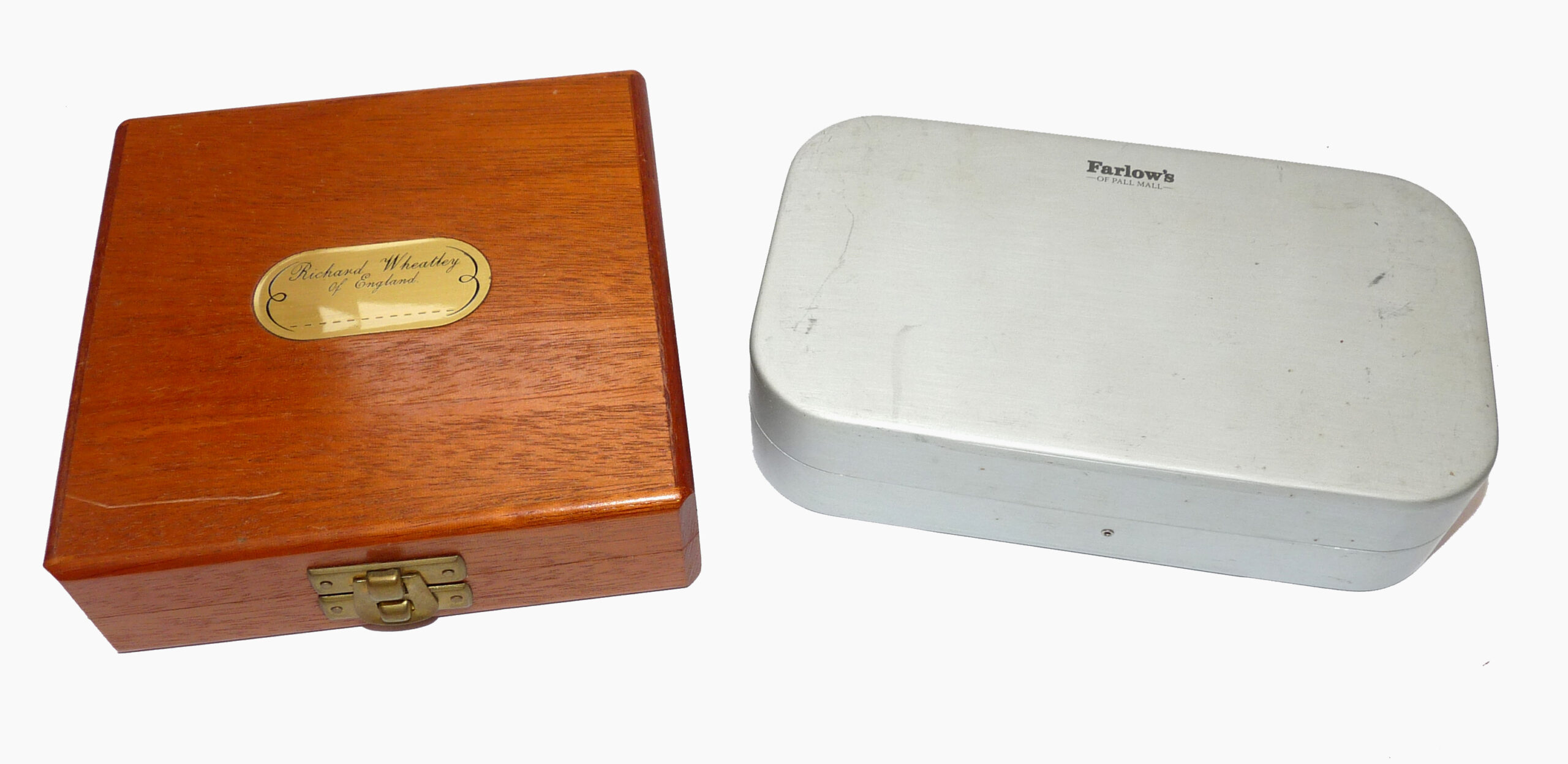 Farlow alloy swing leaf fly box + flies + Wheatley wood fly box salmon flies Gary Brooker